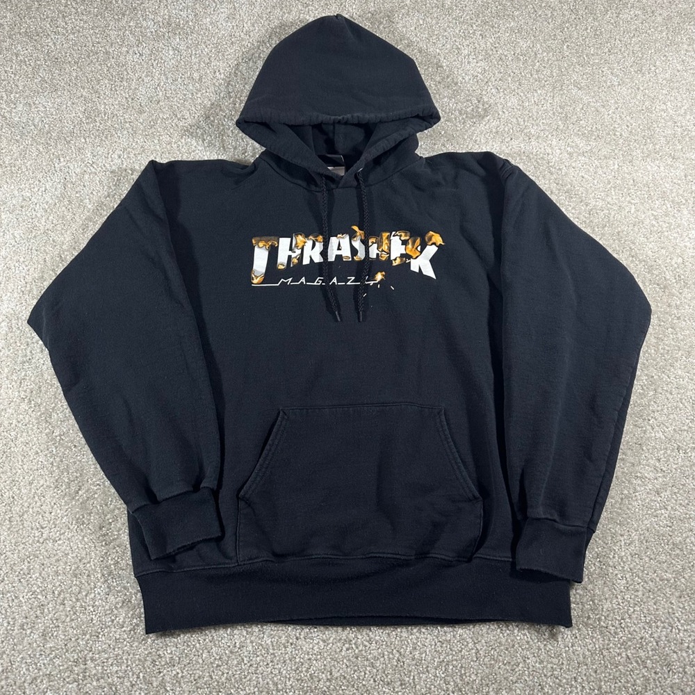 Thrasher‎ Magazine Hoodie Mens size M Black Fuse Logo Skater Grunge Sweatshirt